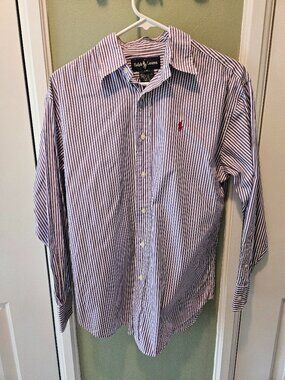 Ralph Lauren Purple White Striped Button Up Shirt 8 Collared Cotton Vintage